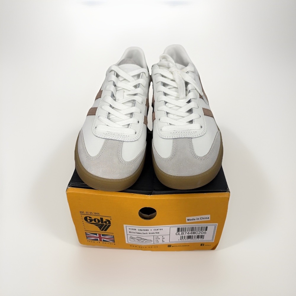 Gola UK VIPER LEATHER CLB744 mens US 8 EUR 39 white cameo dark brown gum NIB NEW
